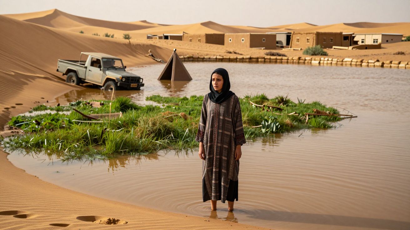 Mulher com vestido tradicional em água rasa de lago no deserto, com dunas, carro e casas ao fundo.