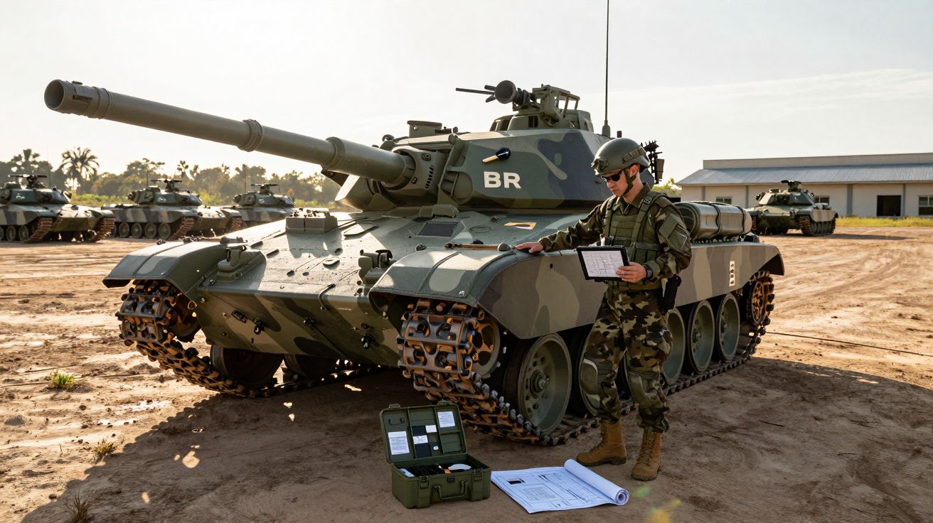 Militar com uniforme camuflado manuseia tablet junto a tanque de guerra com marca BR em terreno aberto.