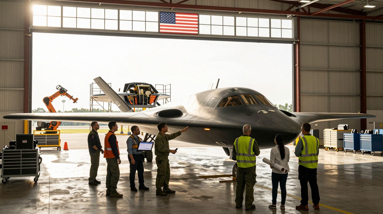 Avião furtivo num hangar com seis pessoas e um robô industrial em fundo, sob uma bandeira dos EUA.