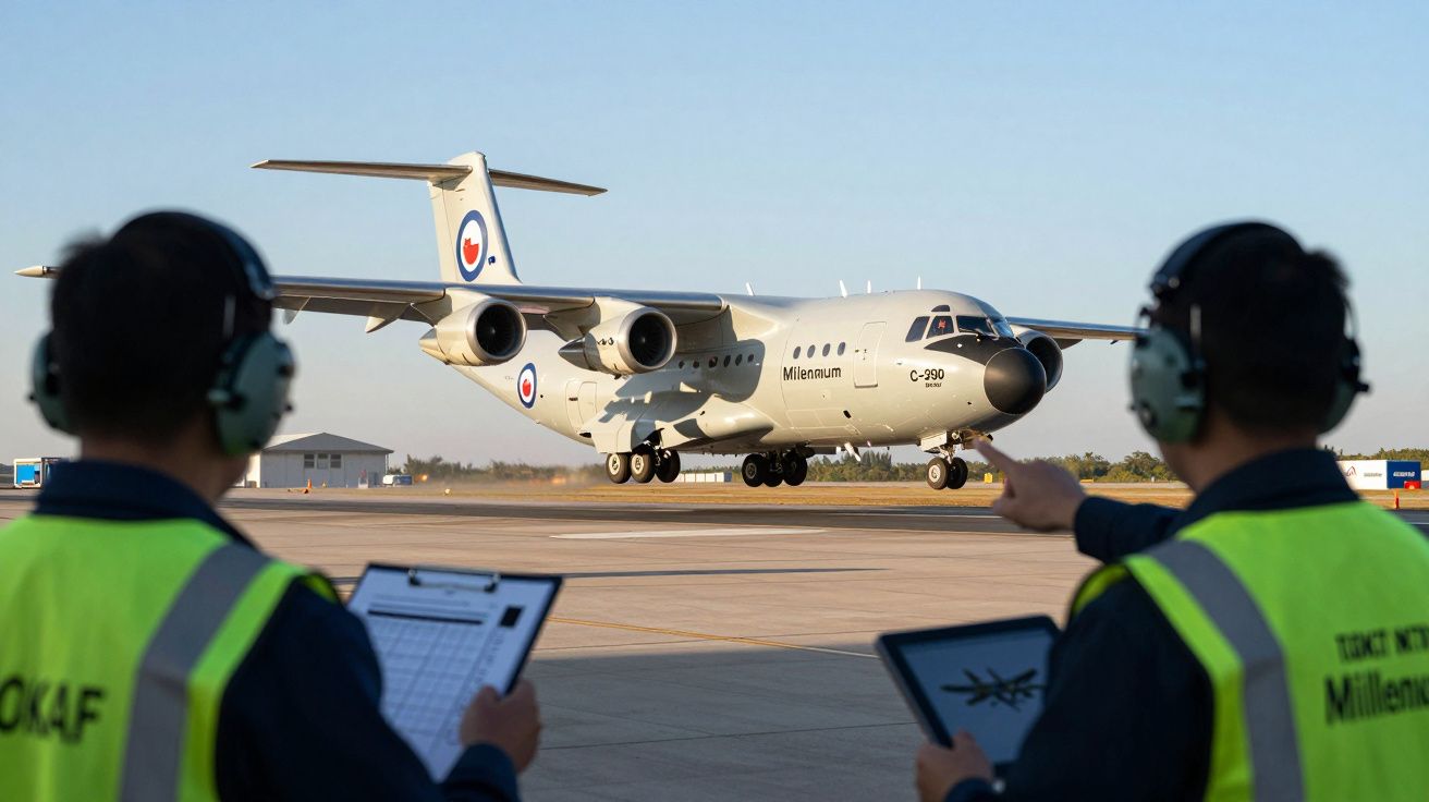 Avião militar C-390 Millennium a aterrar com dois técnicos de pista a controlar operações.