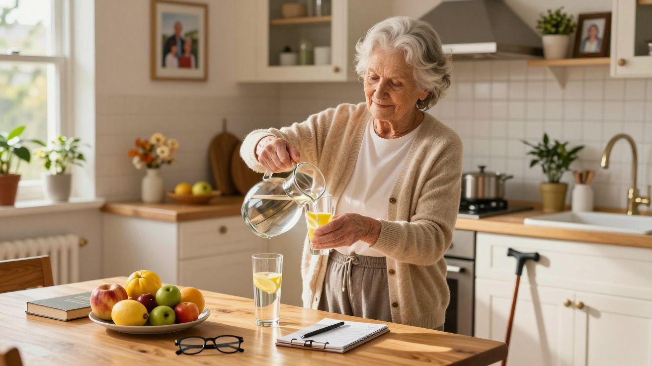 Senhora idosa a servir água com limão num copo numa cozinha luminosa e acolhedora.