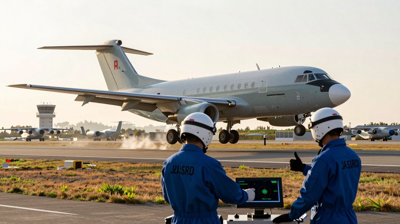 Dois técnicos em uniforme azul e capacetes monitorizam a aterragem de um avião militar cinzento numa pista.