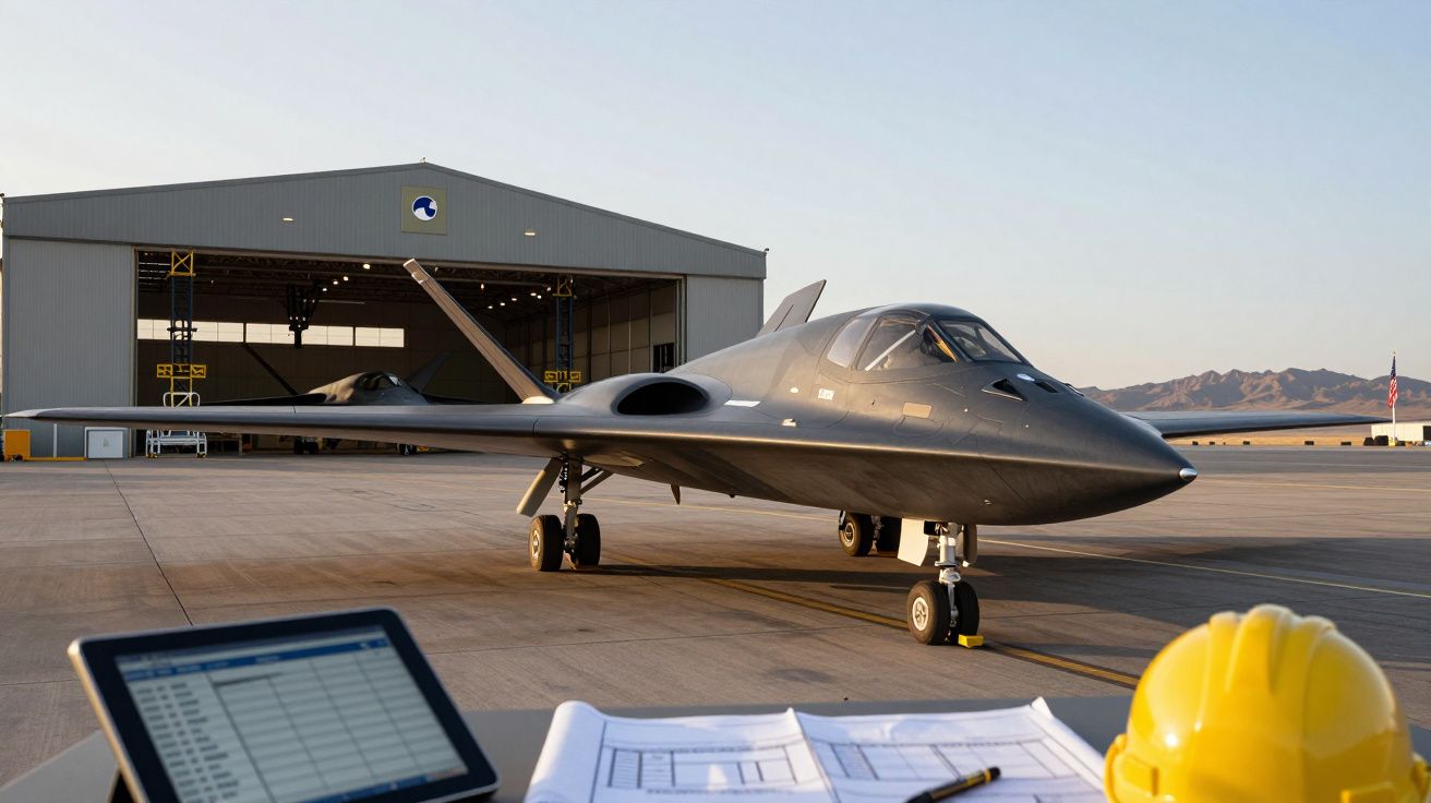 Avião militar furtivo estacionado em pista junto a hangar, com capacete e documentos sobre mesa em primeiro plano.