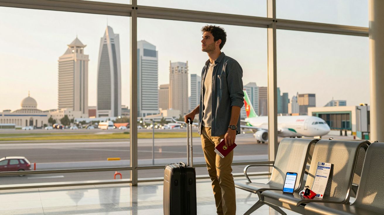 Homem com mala e passaporte espera no aeroporto com vista para aviões e edifícios modernos ao fundo.