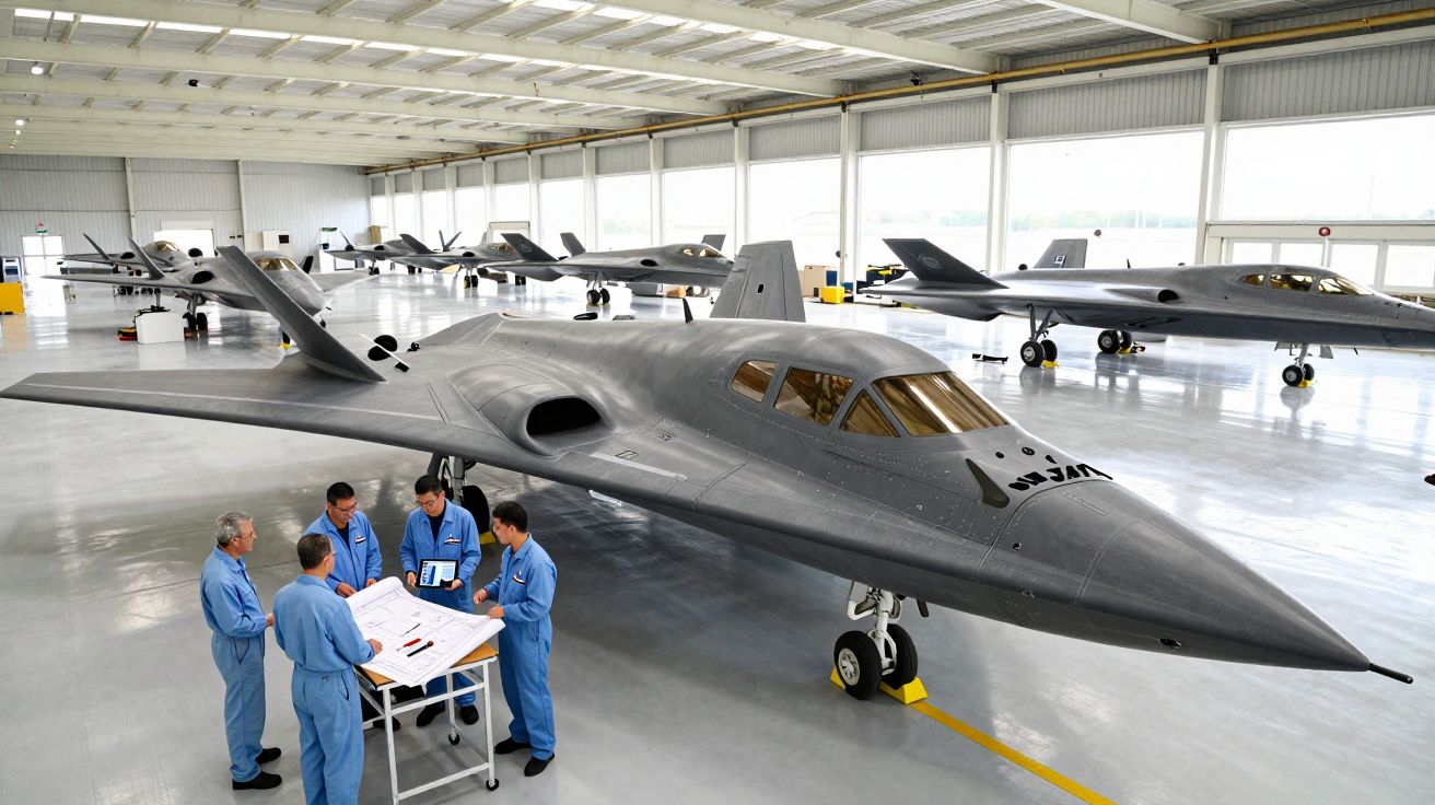 Hangar com vários caças furtivos cinzentos e cinco técnicos de azul a analisar desenhos junto a uma das aeronaves.
