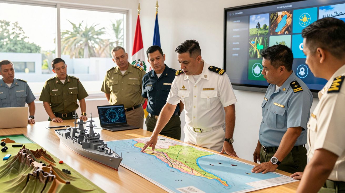 Militares reunidos em sala analisando mapa e modelo de navio em mesa de planeamento estratégico.