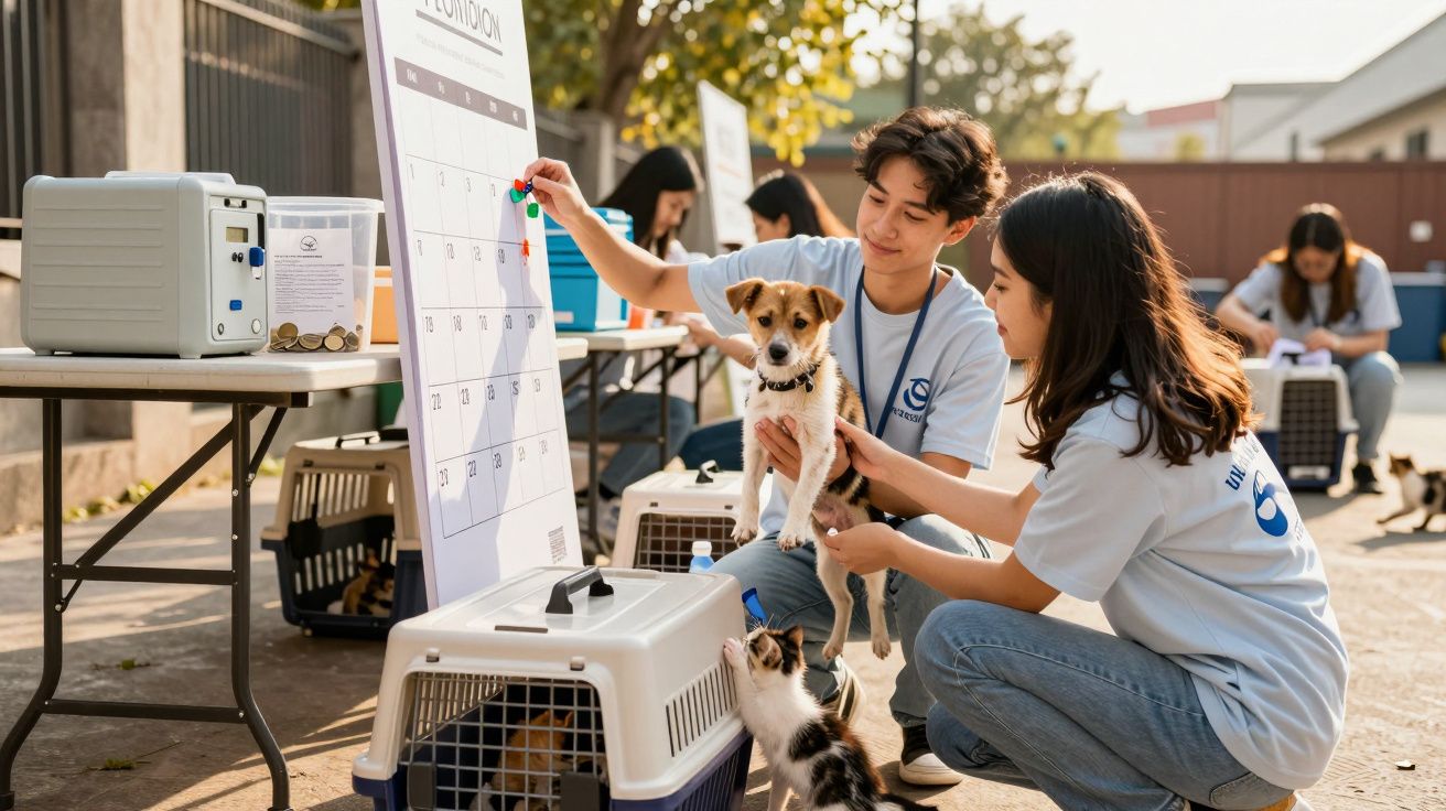Voluntários a organizar adoção de cães e gatos com jaulas e calendário num espaço ao ar livre.