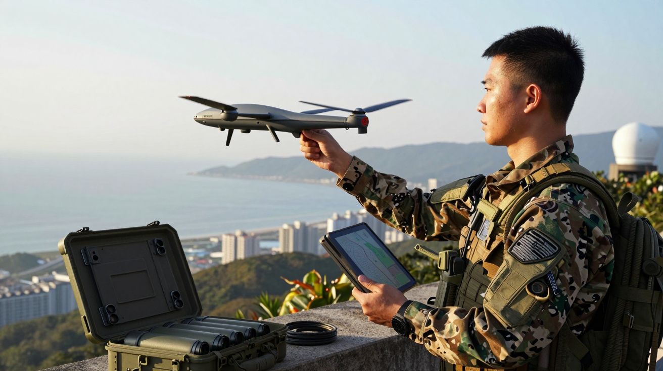 Soldado em uniforme camuflado segura drone e tablet perto de estojo militar com vista para cidade e mar.