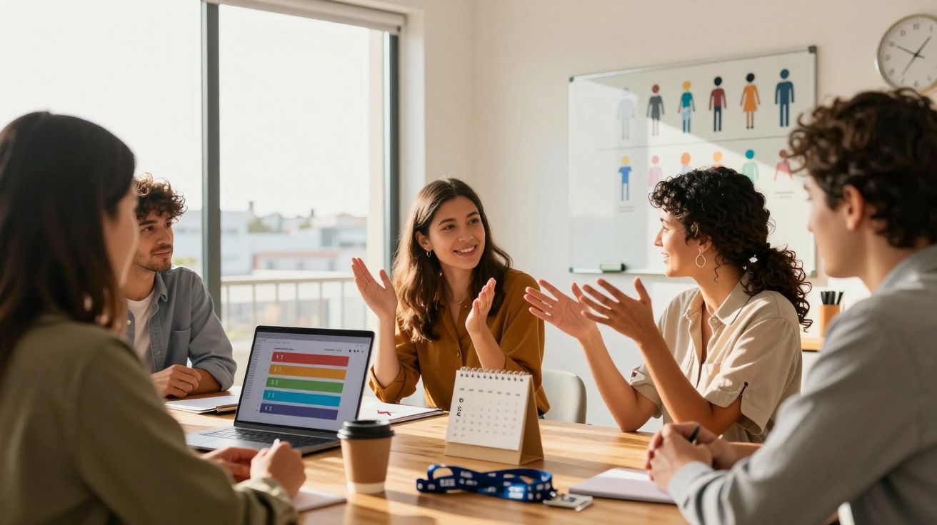 Grupo de jovens em reunião informal num escritório iluminado com laptop e calendário na mesa.