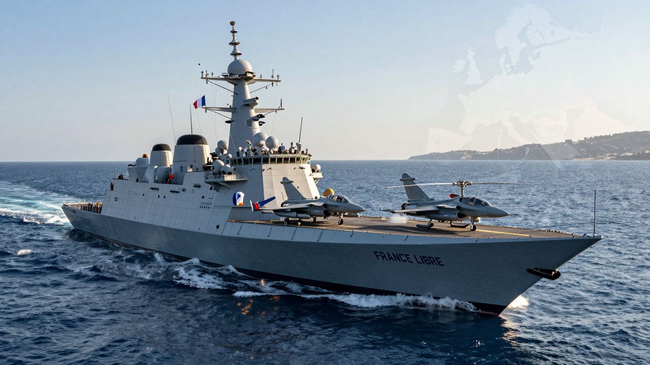 Porta-aviões militar francês em mar aberto com dois jatos de combate no convés principal.
