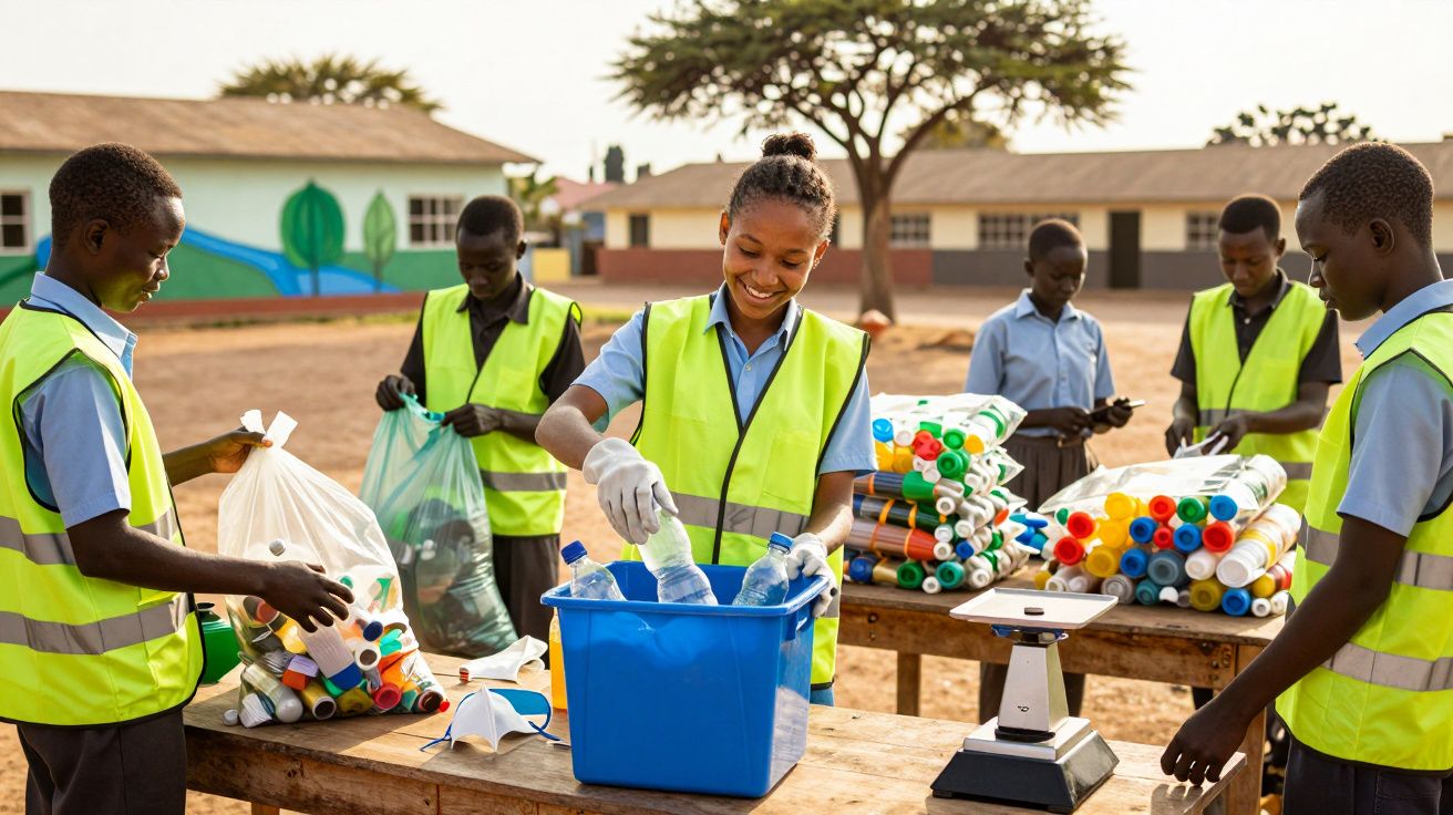 Jovens em coletes refletores recolhem e separam plástico numa atividade de reciclagem ao ar livre.