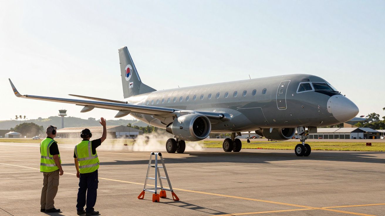 Avião cinzento num aeroporto com dois técnicos de segurança a sinalizar na pista.