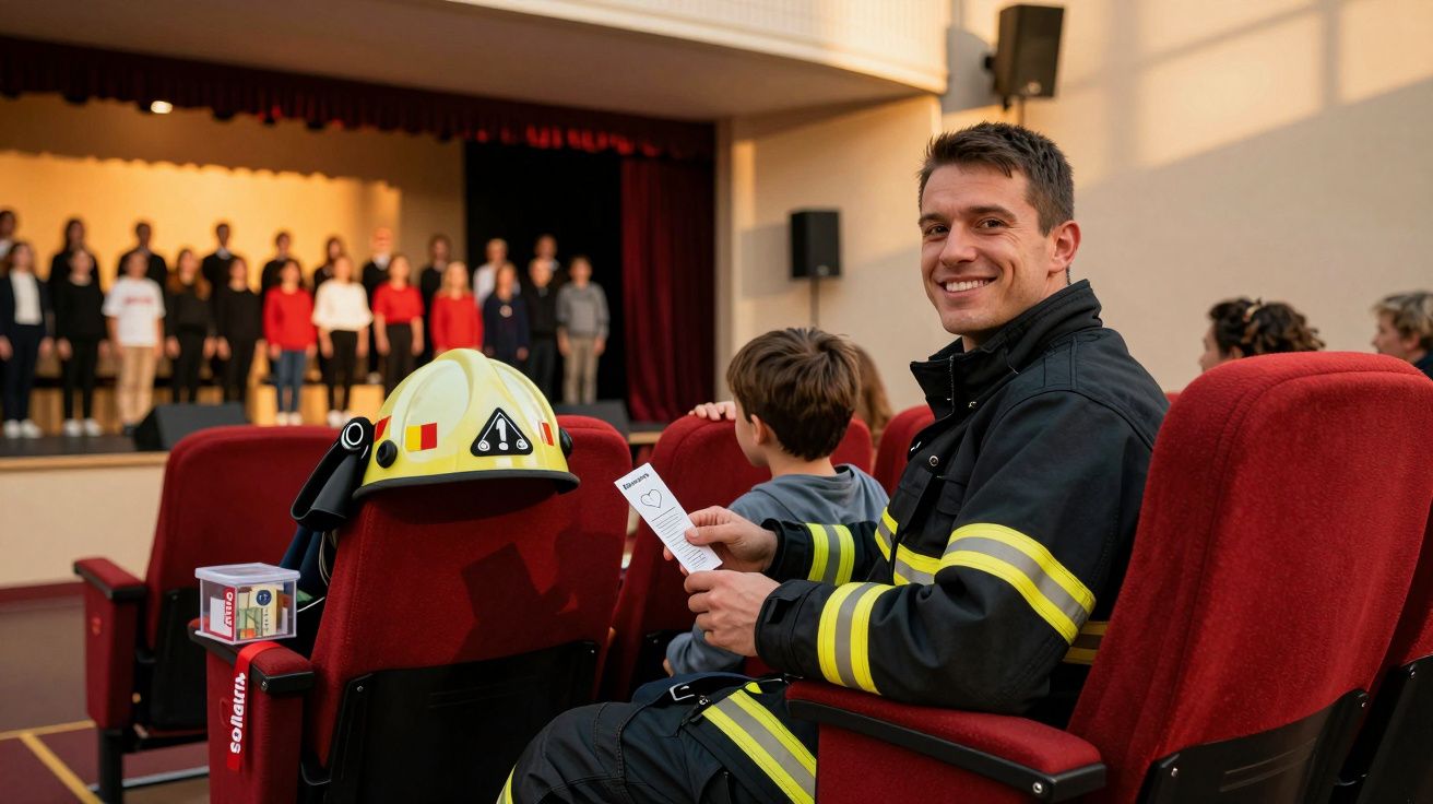 Bombeiro sentado no público de um teatro, sorrindo e segurando o programa do espetáculo, crianças no palco ao fundo.