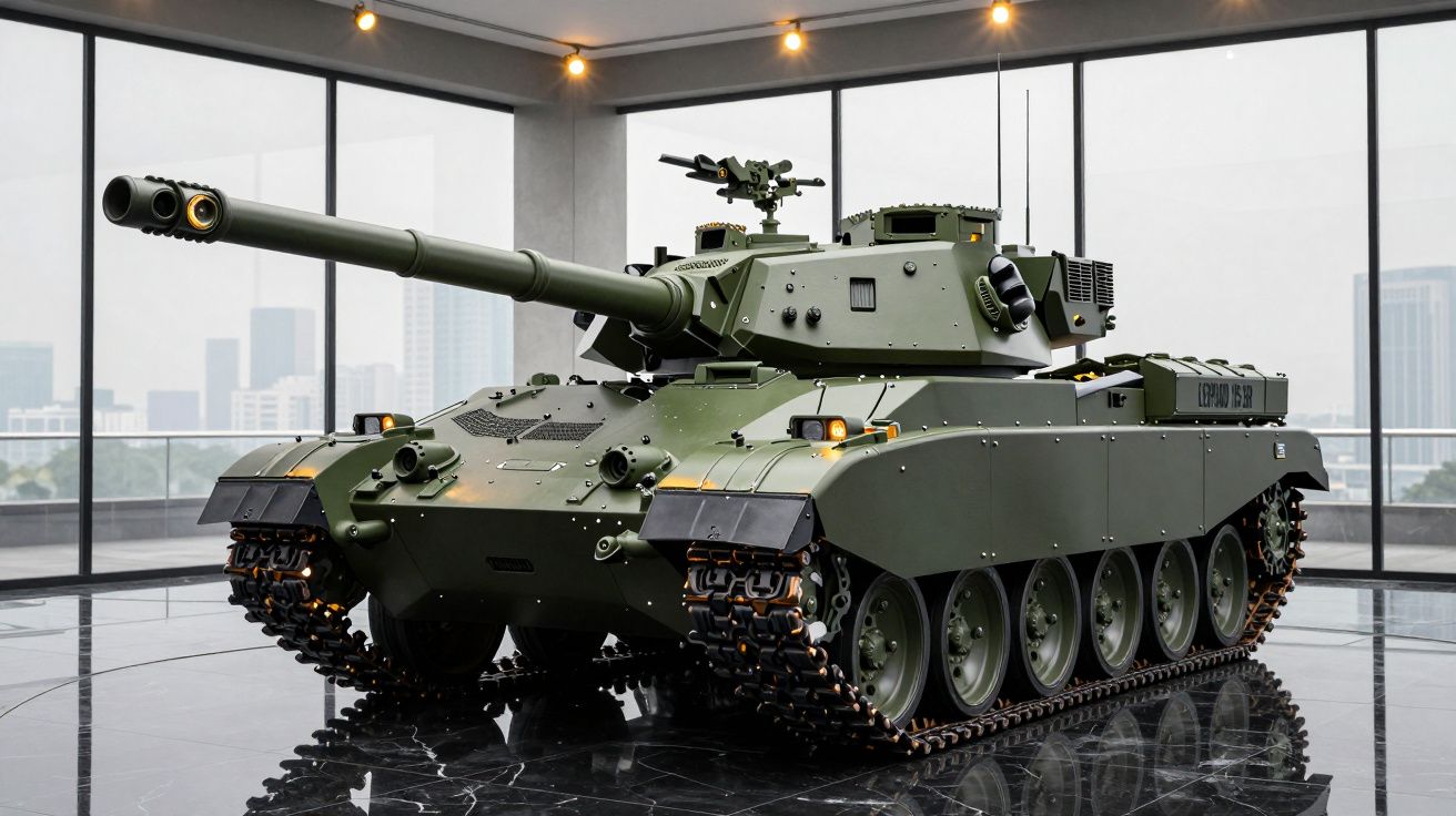 Tanque militar verde exposto numa sala com paredes de vidro e vista urbana ao fundo.