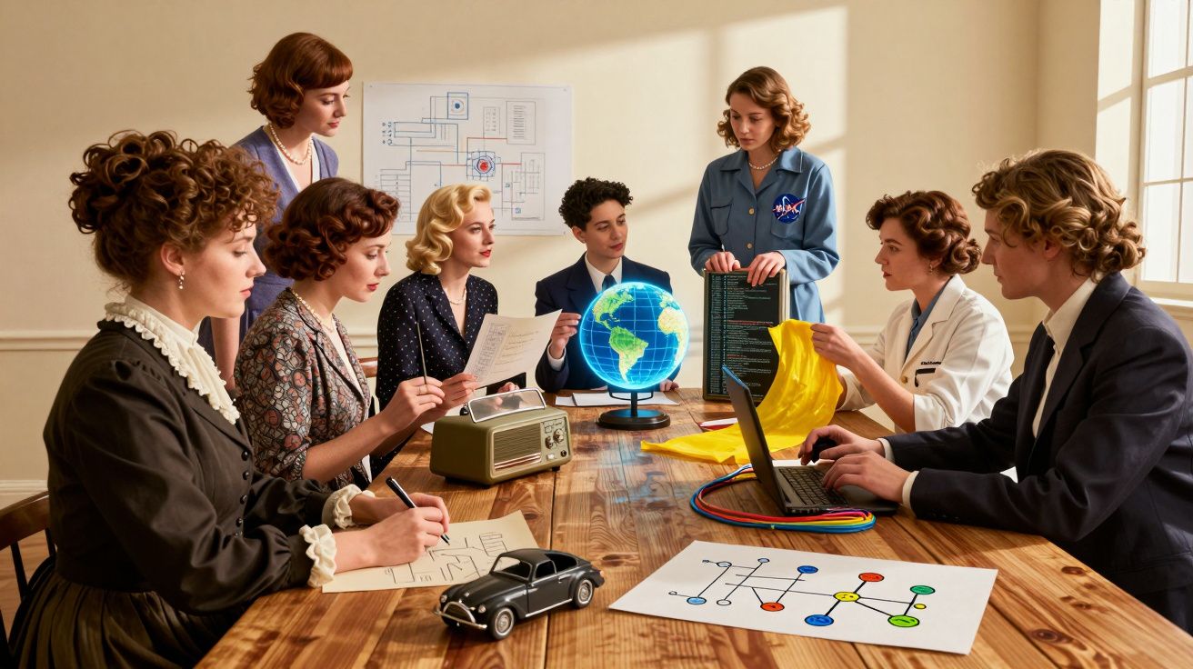 Grupo de mulheres em reunião vintage, com globo terrestre, rádio antigo e desenhos técnicos numa mesa de madeira.