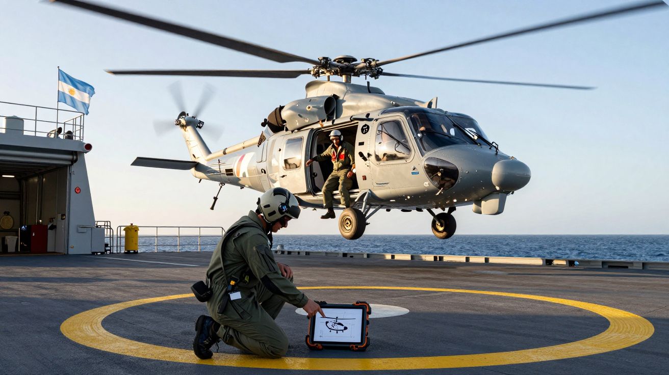 Helicóptero militar a pairar sobre porta-aviões com dois tripulantes e bandeira da Argentina ao fundo.