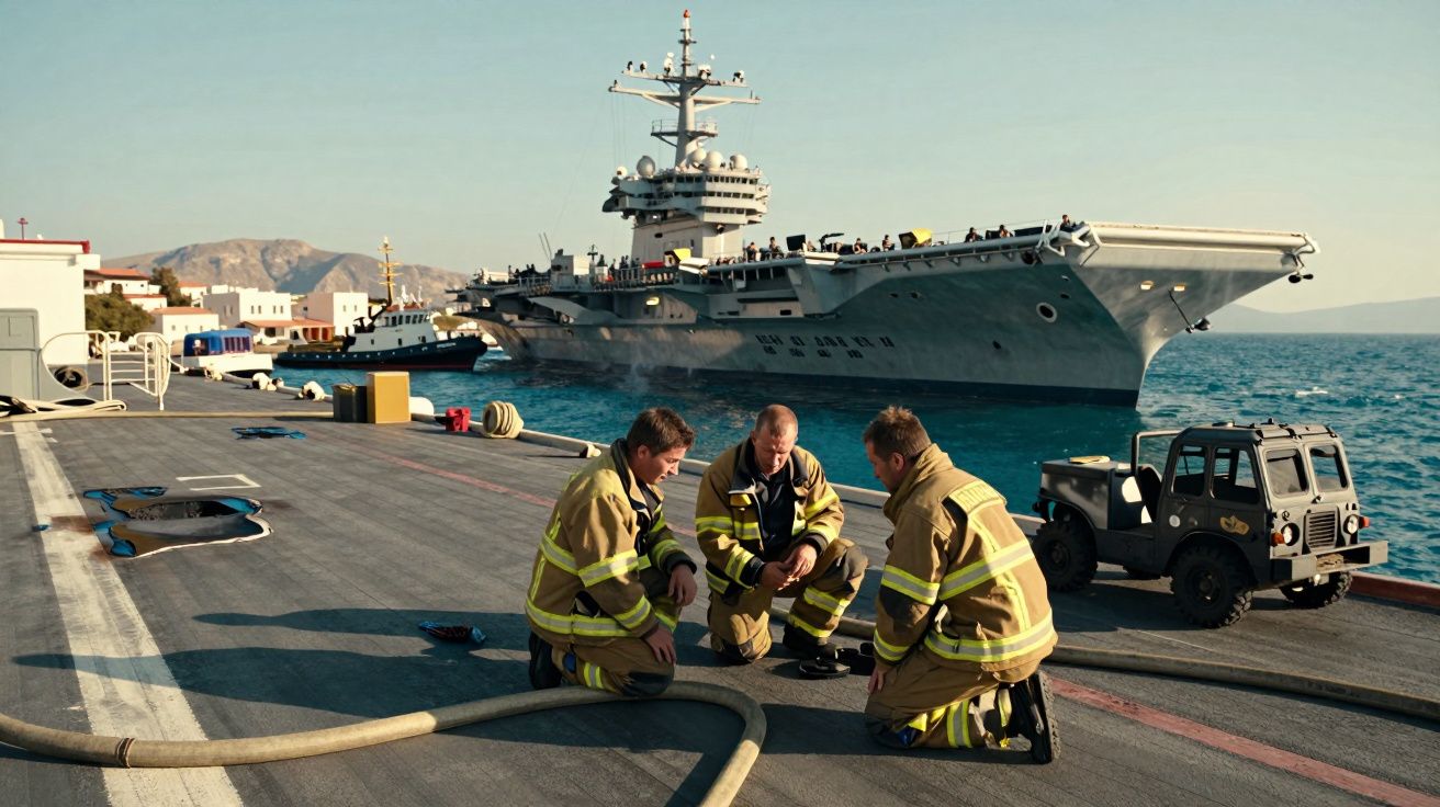 Três homens em fato de bombeiros agachados a trabalhar no convés de um grande porta-aviões ancorado junto a terra.