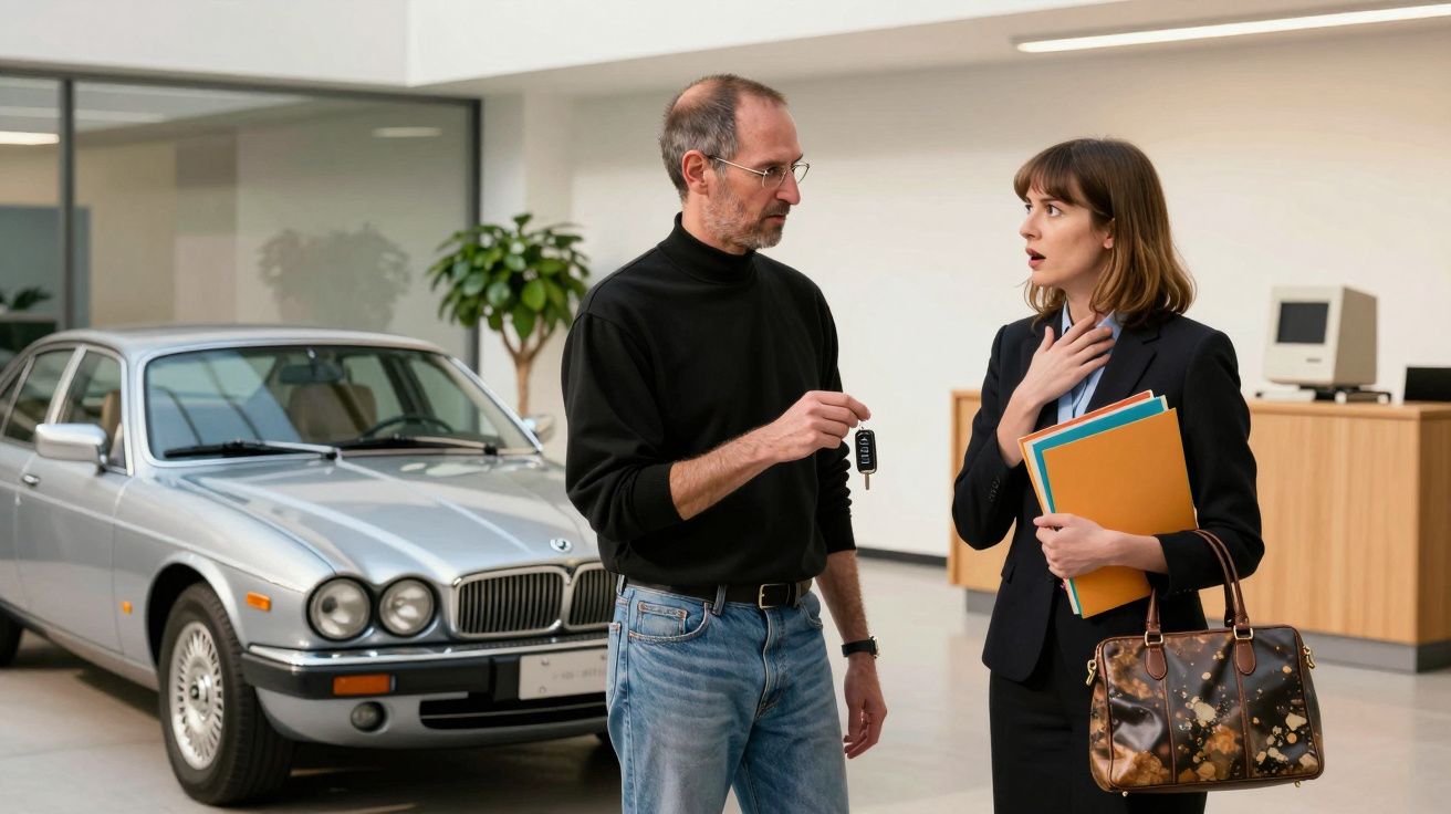 Homem entrega chave de carro a mulher surpreendida numa concessionária com carro clássico ao fundo.