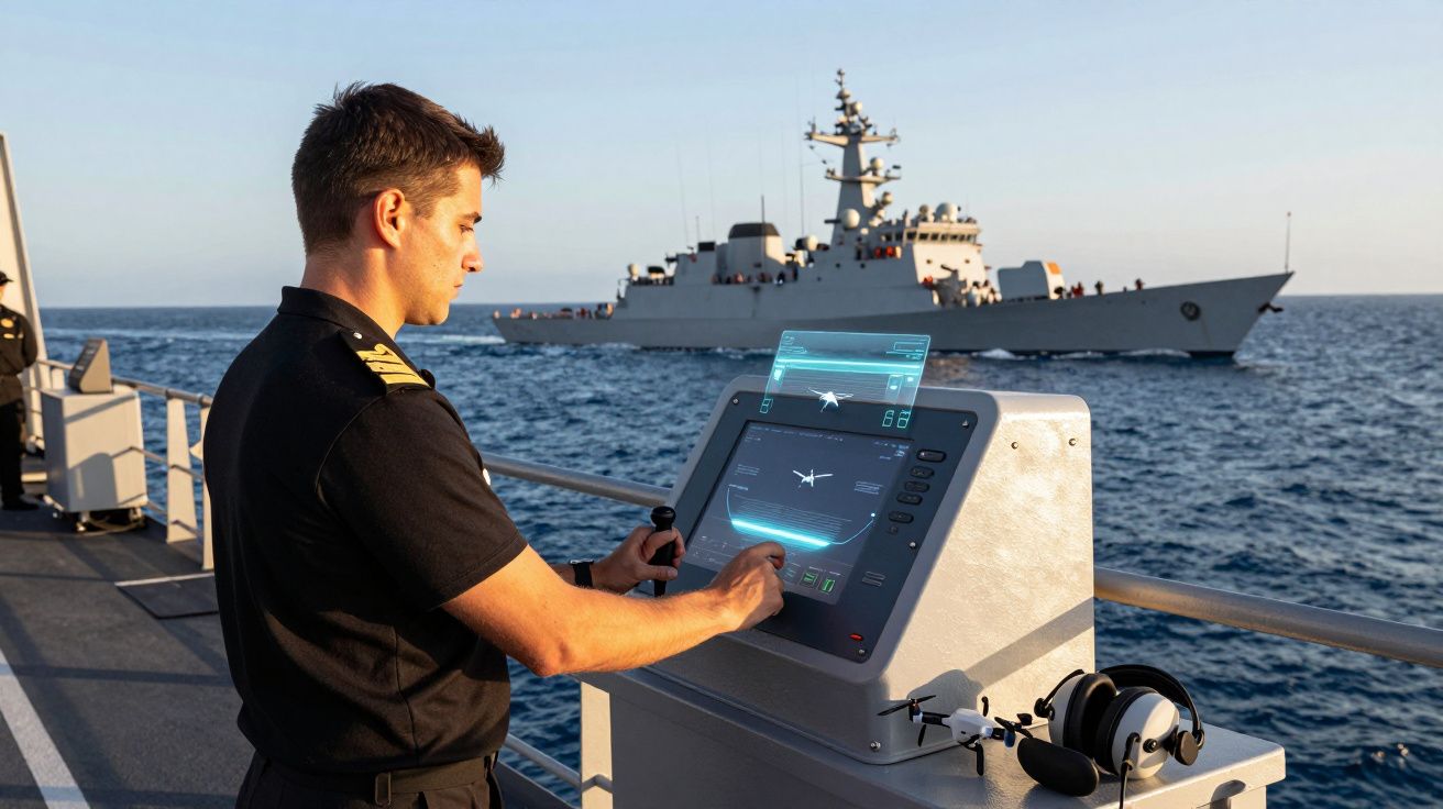 Militar na marinha opera dispositivo tecnológico no convés de um navio com outro navio de guerra ao fundo no mar.