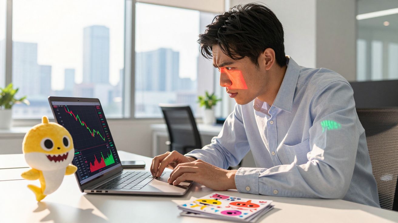 Homem focado a analisar gráficos financeiros num computador portátil numa sala de escritório moderna e iluminada.