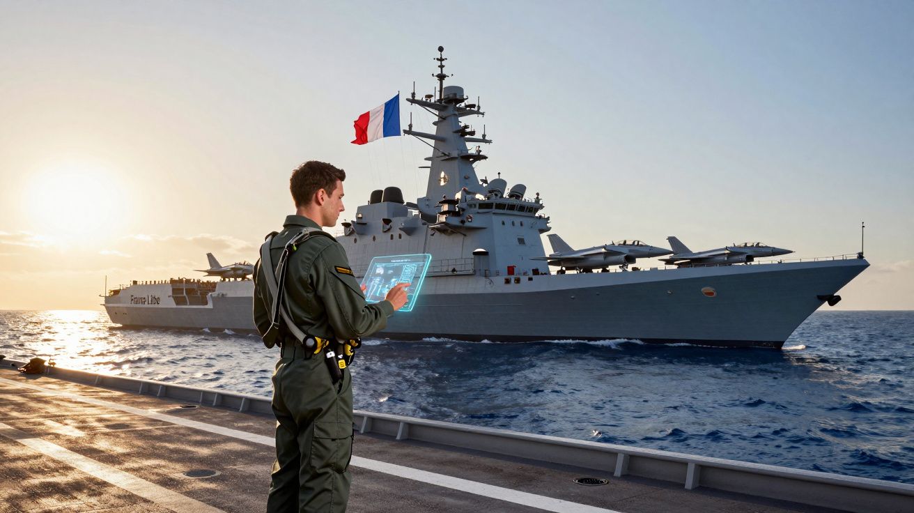 Militar com uniforme a manusear ecrã tátil, em frente a porta-aviões francês no mar ao pôr do sol.