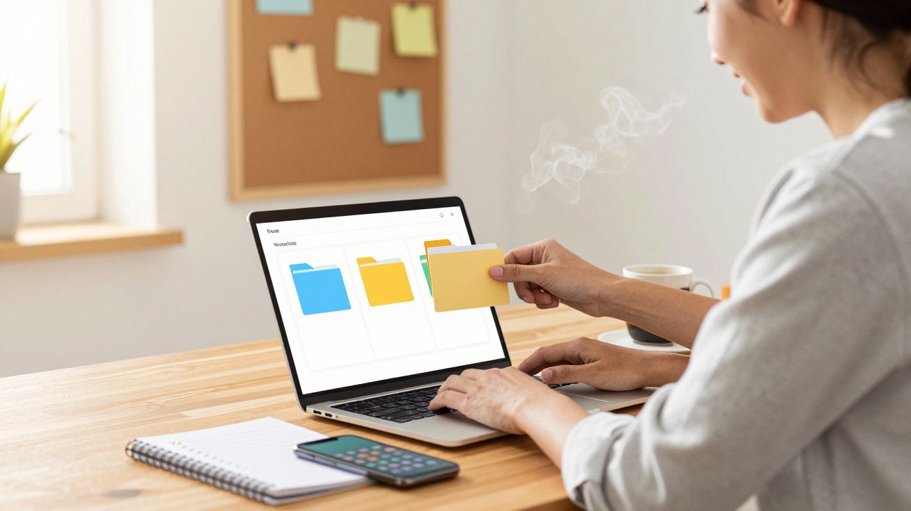 Pessoa a trabalhar num computador portátil com pastas digitais e papéis numa secretária.