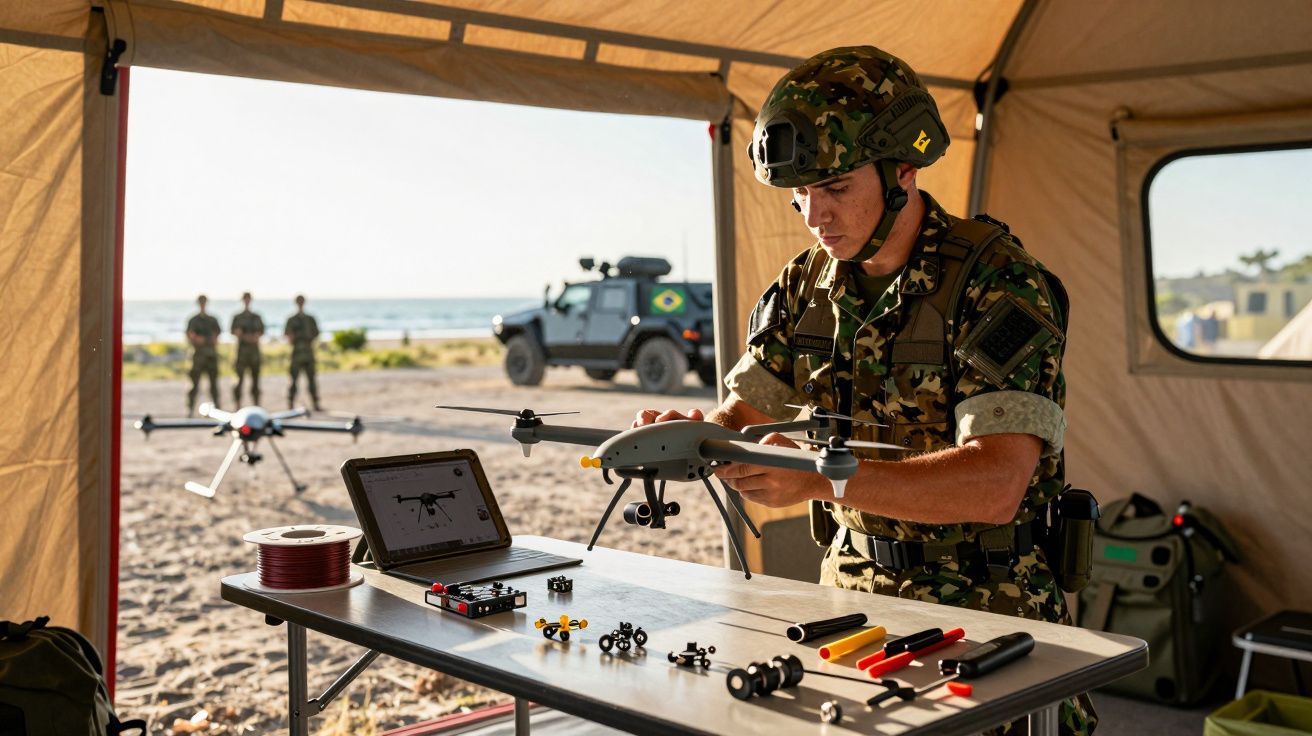 Soldado em uniforme camuflado prepara drone numa tenda de campanha com equipamentos e viatura militar ao fundo.