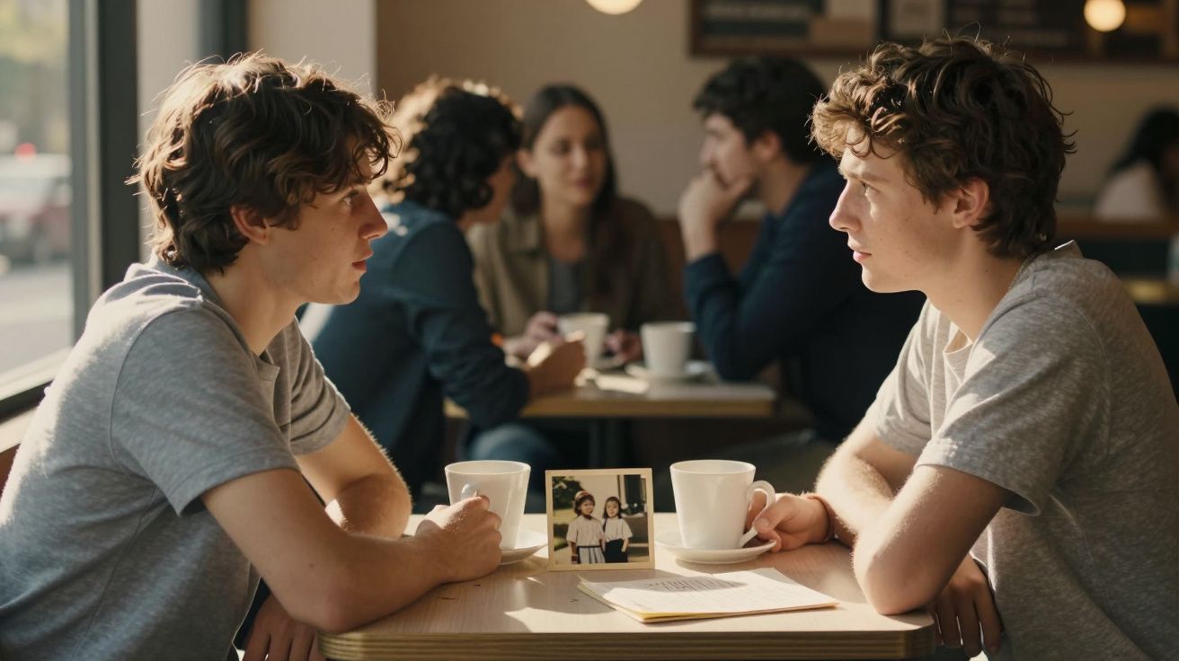 Dois jovens sentados frente a frente numa cafetaria com fotografias e um livro sobre a mesa.