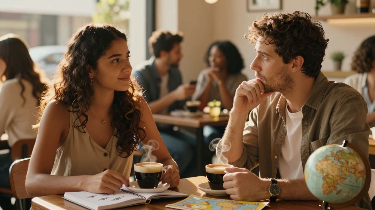 Casal jovem sentado numa cafetaria, a conversar com café e mapas sobre a mesa iluminados pela luz natural.
