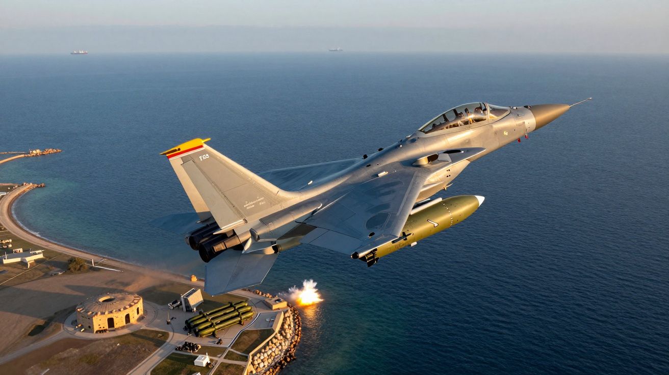 Caça F-16 em voo sobre costa com disparo a partir do solo e mar calmo ao fundo.