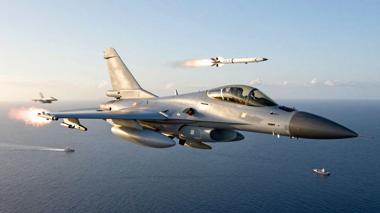 Caça militar a jato em voo sobre o mar dispara mísseis em missão aérea.