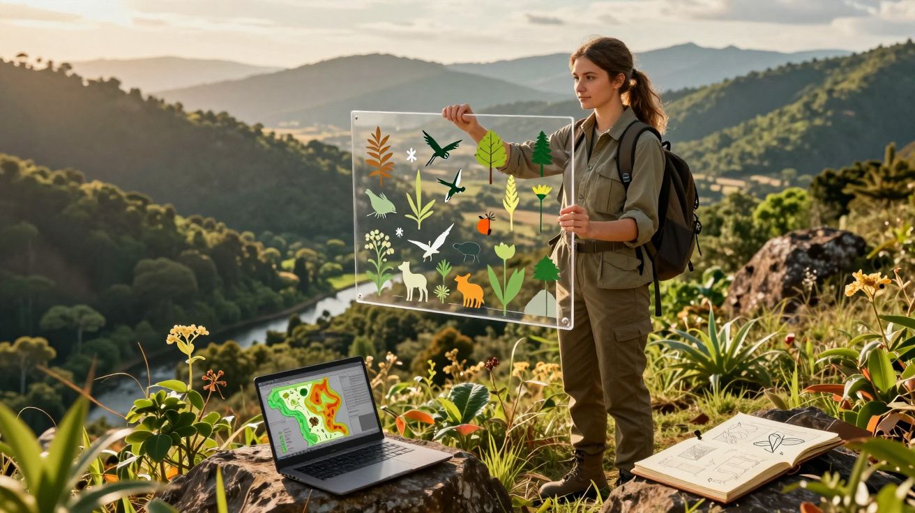 Mulher segurando painel transparente com desenhos de plantas e animais numa colina com laptop e caderno.