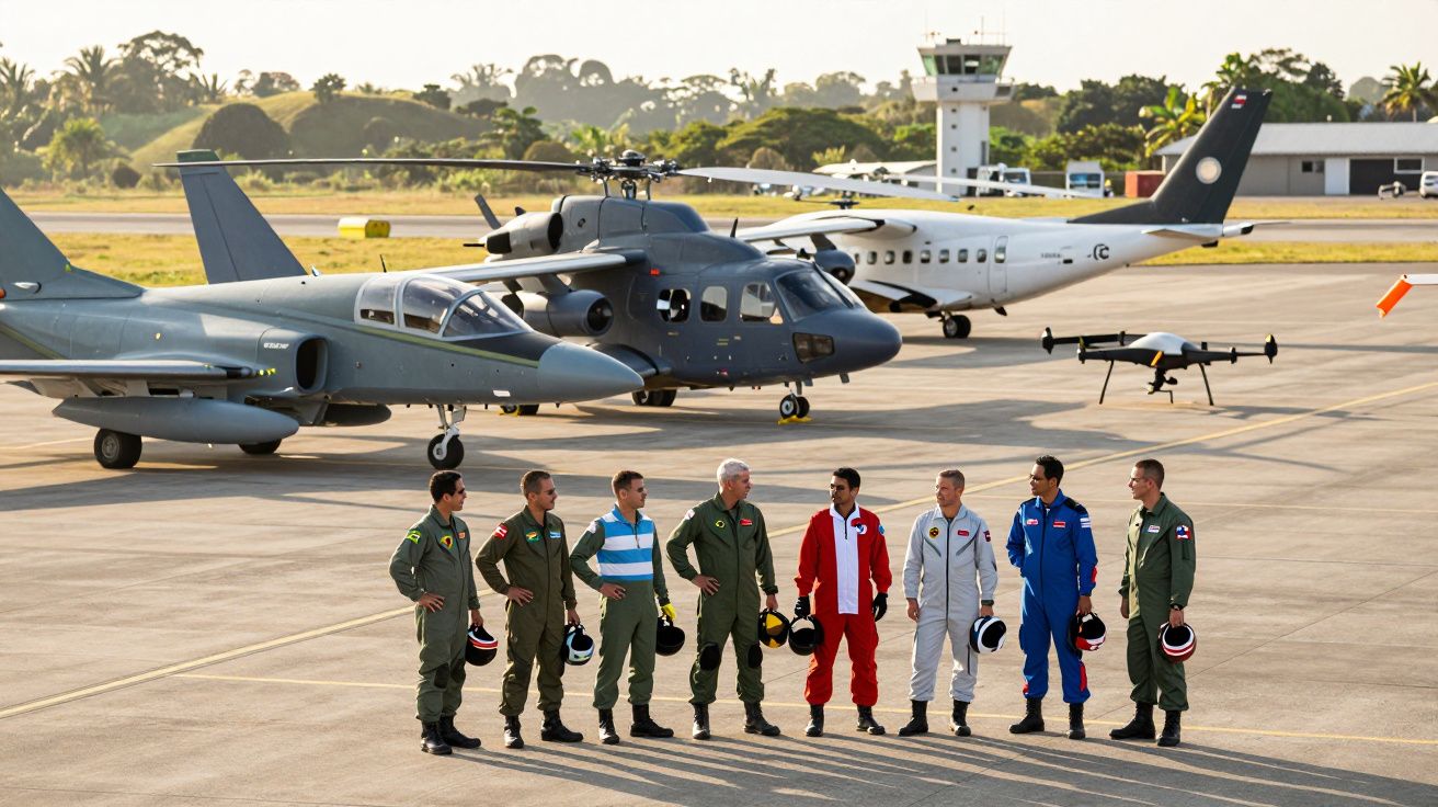 Oito pilotos em fato de voo posam junto a aviões militares e um drone numa pista de aeroporto ao entardecer.