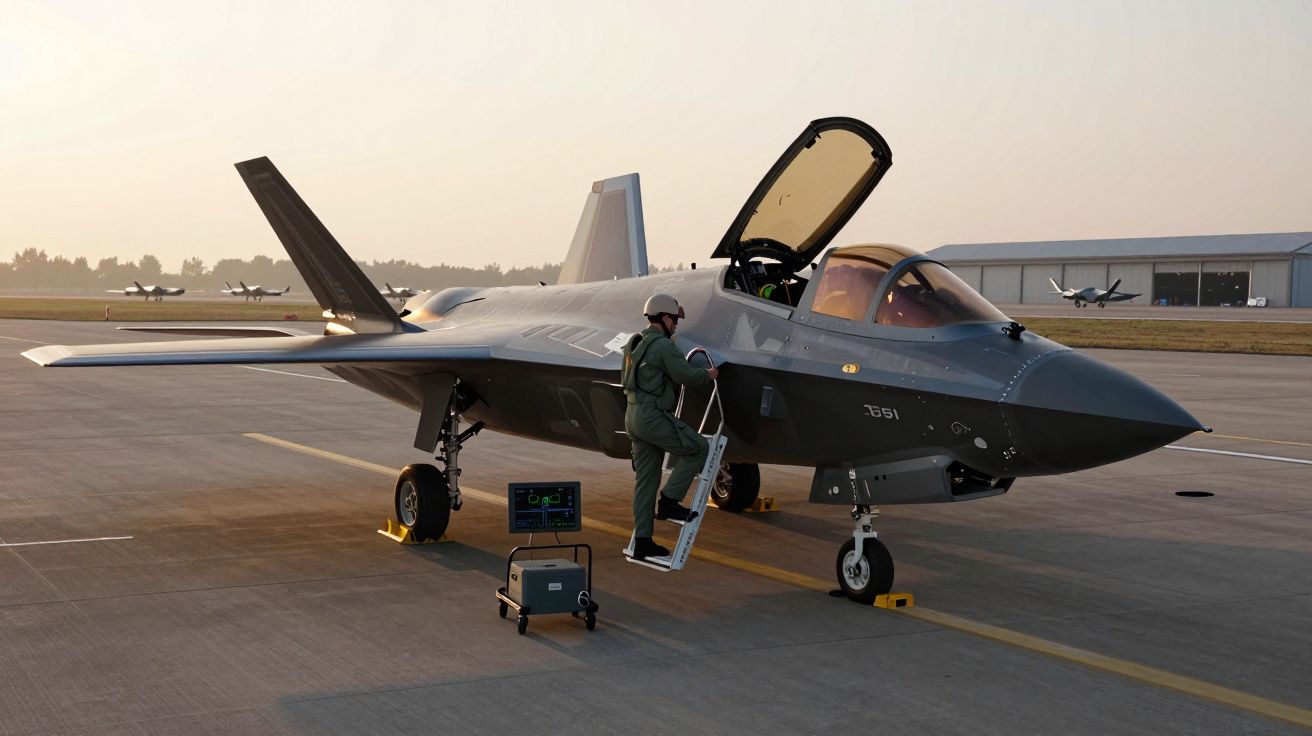 Caça furtivo estacionado numa pista com piloto a subir a escada para a cabine aberta ao amanhecer.