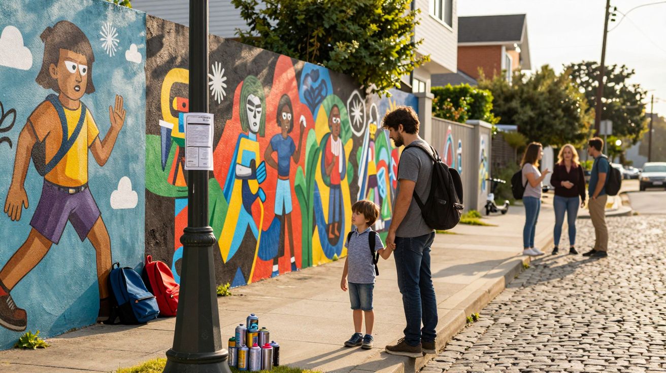 Pai e filho observam grafite colorido numa parede urbana com calçada de pedra ao entardecer.