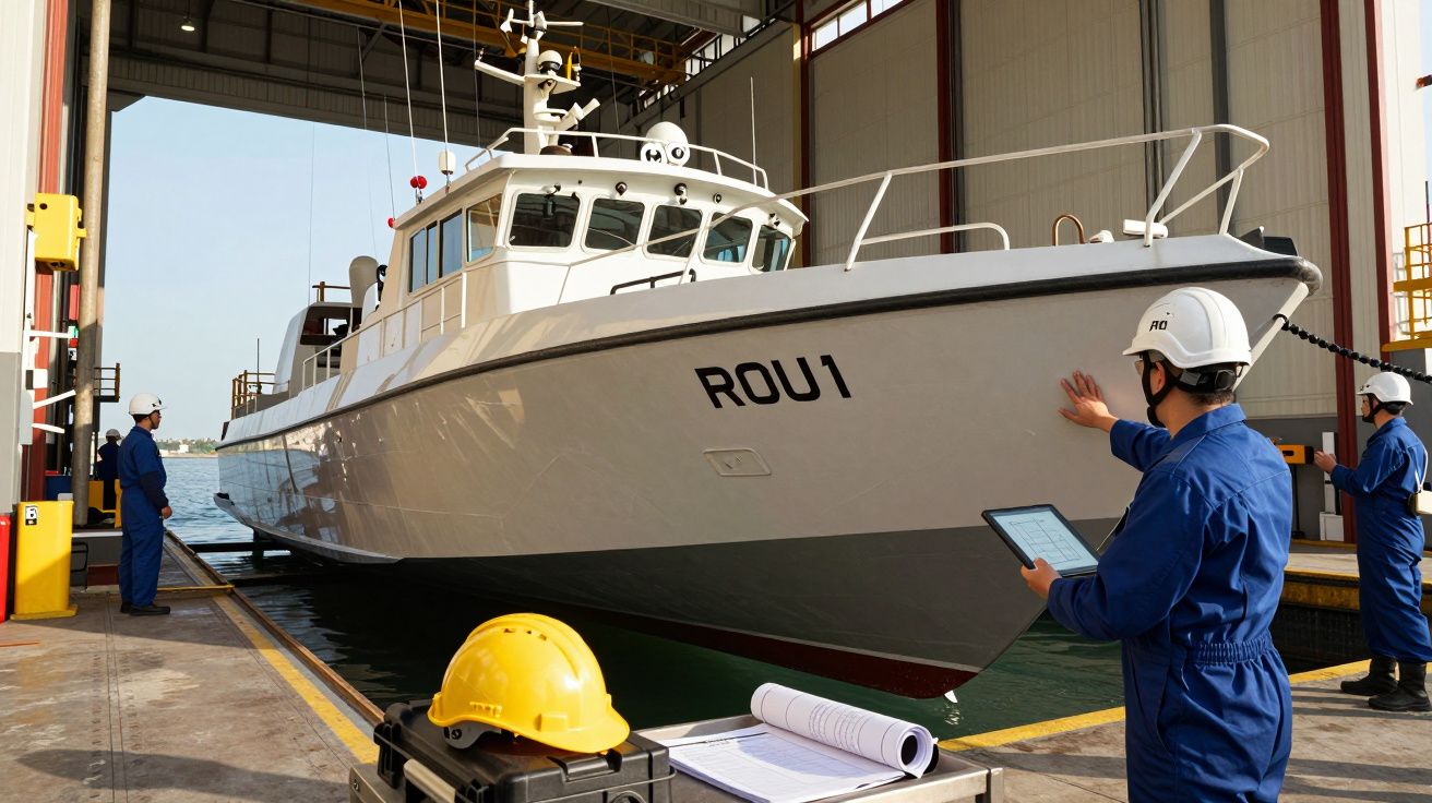 Homens com capacetes azuis a inspecionar barco branco ROU1 numa doca coberta.