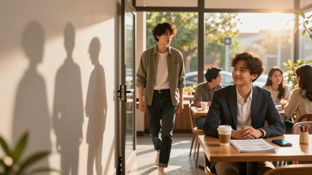 Jovem de blazer sentado numa mesa de café com amigos ao fundo e outra pessoa a entrar pela porta iluminada pelo sol.