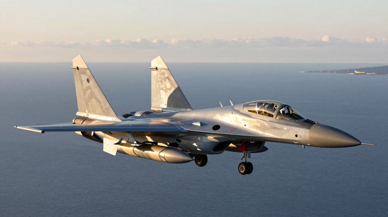Avião de caça militar cinzento a voar sobre o mar com rodas de aterragem visíveis.