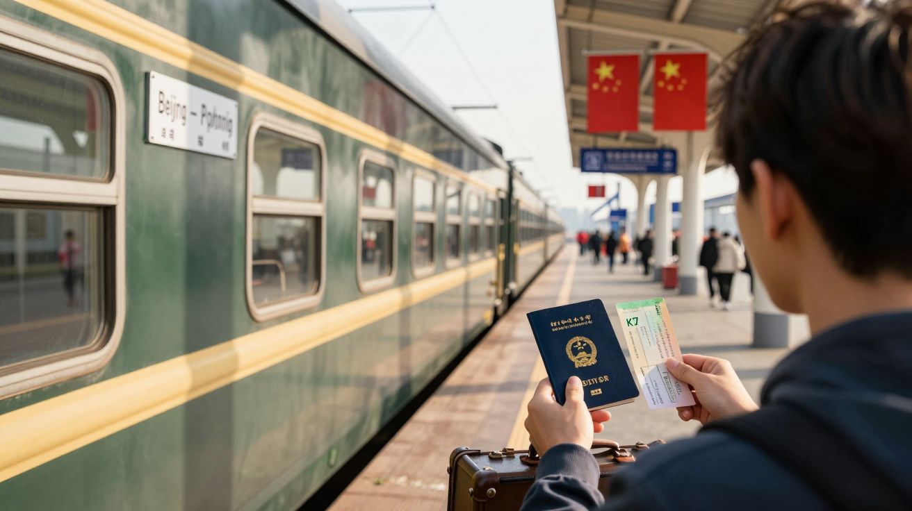 Pessoa na estação de comboios com passaporte e bilhete à espera do comboio Beijing-Pyongyang.