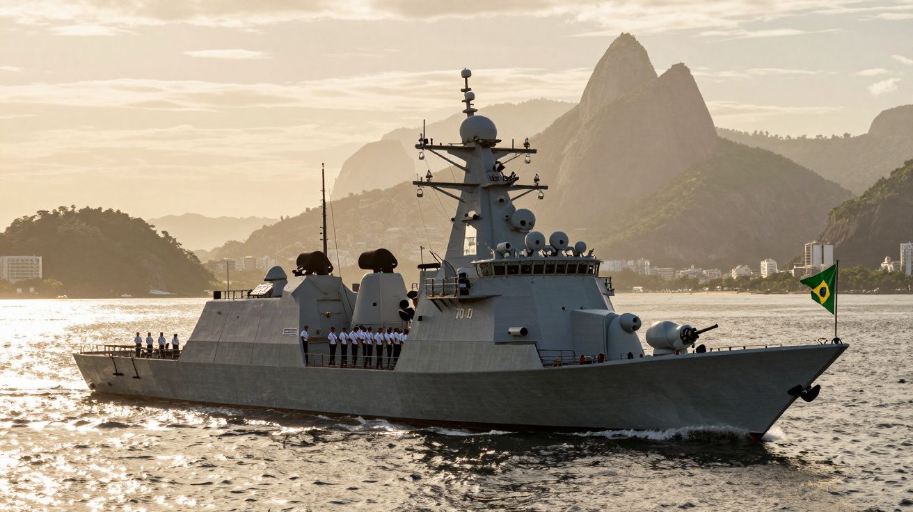 Fragata da marinha brasileira a navegar no mar com montanhas ao fundo, luz dourada do pôr do sol.
