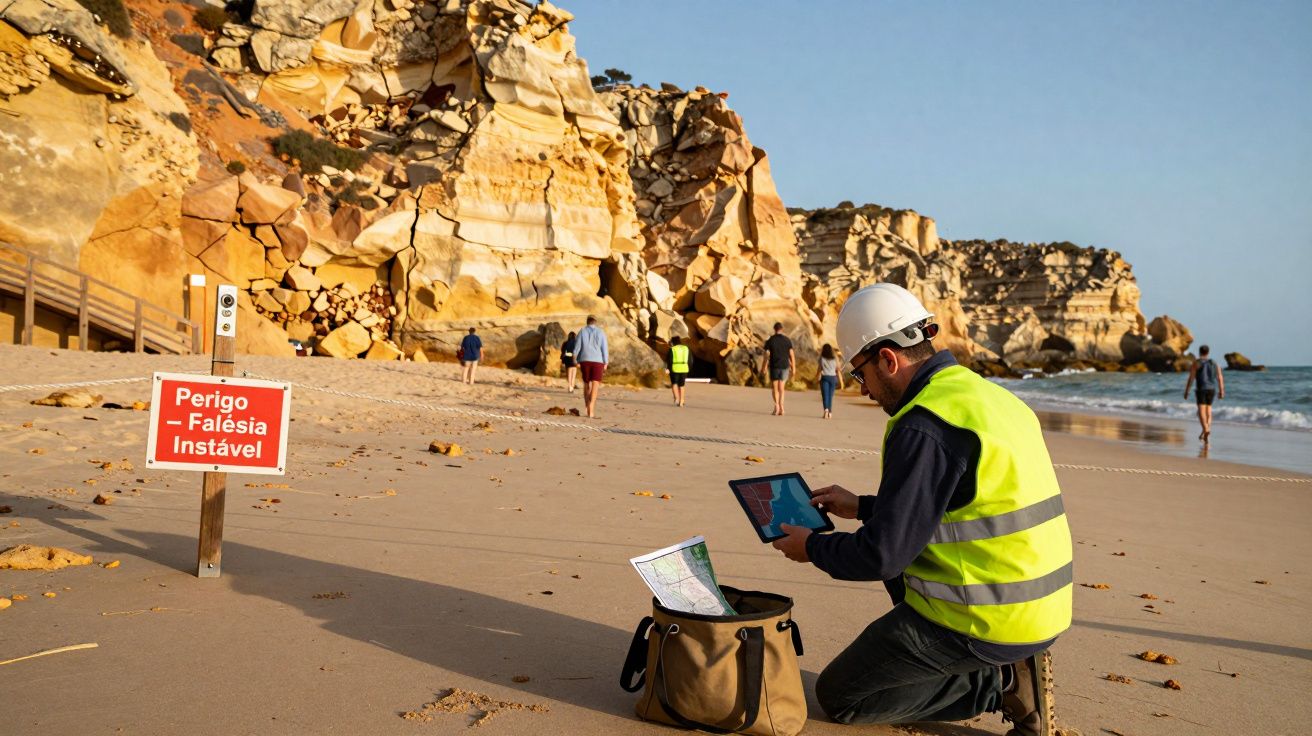 Homem com colete e capacete a estudar mapas na praia perto de falésia com aviso de perigo.