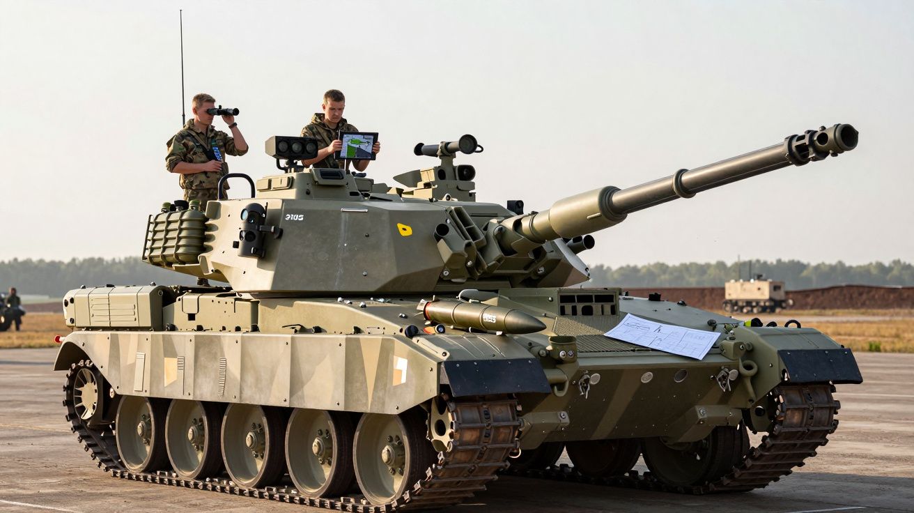 Tanque militar verde com dois soldados em uniformes, um usando binóculos e outro com tablet, em zona aberta.
