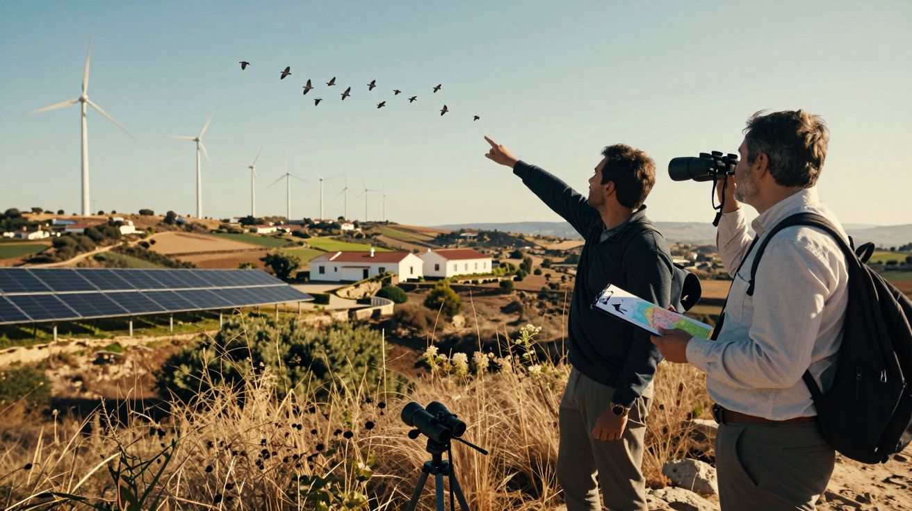 Duas pessoas observam aves num campo com turbinas eólicas e painéis solares ao fundo.