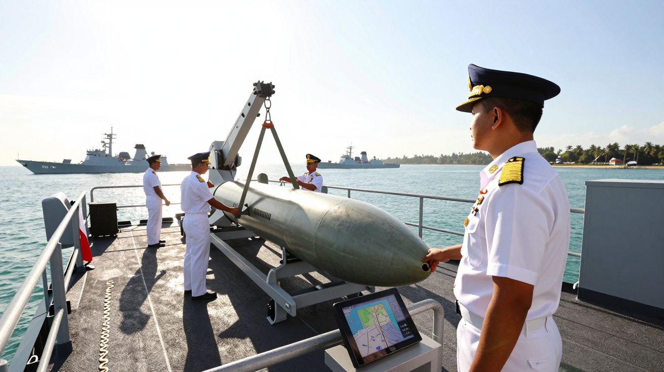 Marinheiros em uniforme branco movimentam torpedo num navio militar ao largo da costa, com outros navios ao fundo.