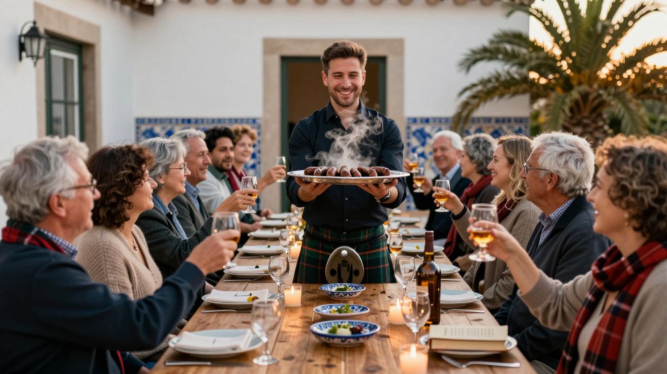 Homem a servir pratos fumegantes numa mesa ao ar livre com pessoas a brindar e sorrir ao entardecer.