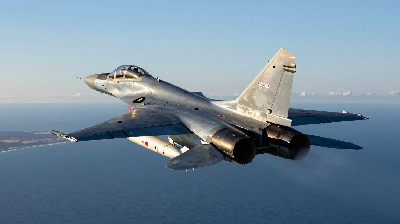 Avião de combate militar cinzento voando sobre o mar com céu azul claro ao fundo.