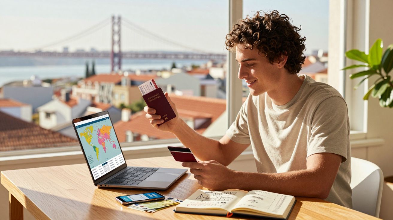 Jovem sentado à mesa com passaporte e cartão a reservar viagem no portátil, com vista para ponte e casas ao fundo.