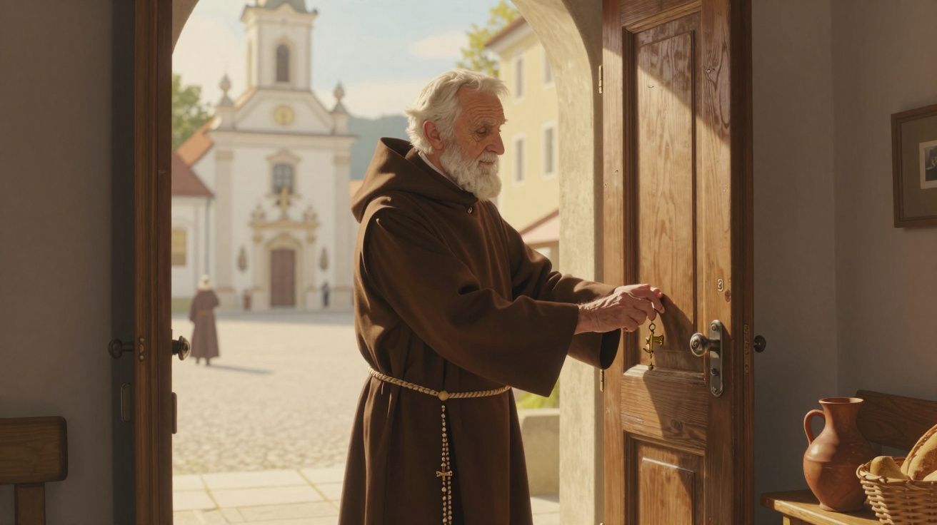 Monge idoso em hábito castanho a abrir porta de madeira com chave numa igreijinha ensolarada.