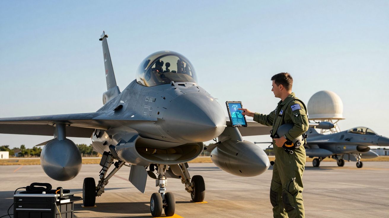 Caça F-16 estacionado no aeroporto com piloto a consultar tablet junto à aeronave num dia claro.