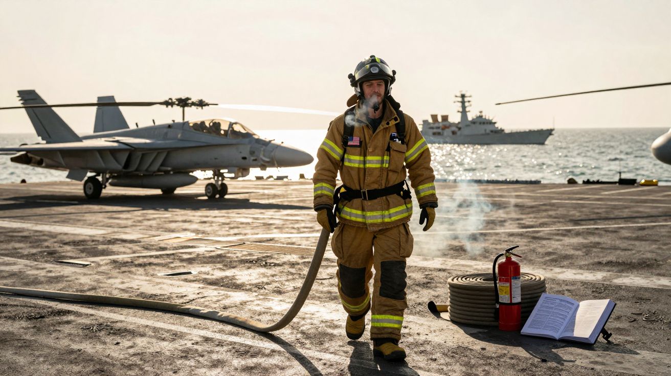 Bombeiro militar com fato de proteção caminha em porta-aviões com aeronave e navio ao fundo no mar.